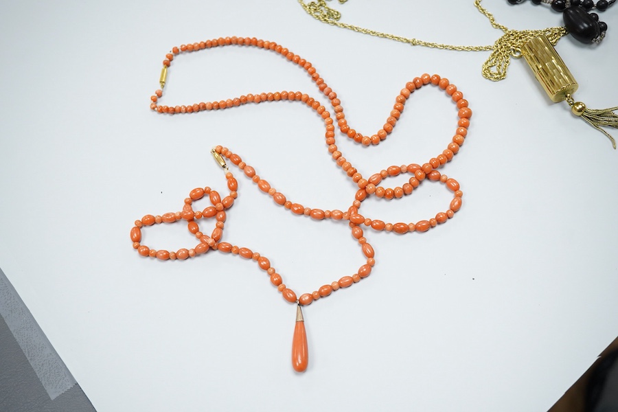 Two coral necklaces and a group of costume jewels, comprising: two coral bead necklaces, each with a gold clasp, combined gross weight approximately 35 grams; together with a simulant pearl necklace and pair of earrings
